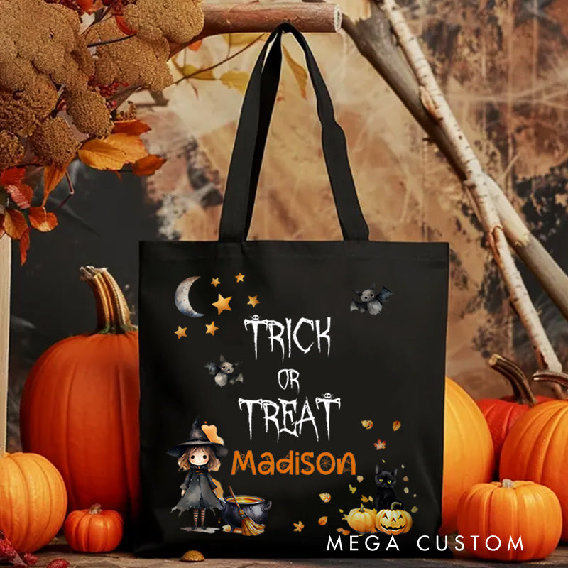 【🔥Big Sale🔥】Personalized Trick or Treat Illustration Featuring Witch Cat and Name for a Spooky Halloween Accent Tote Bag
