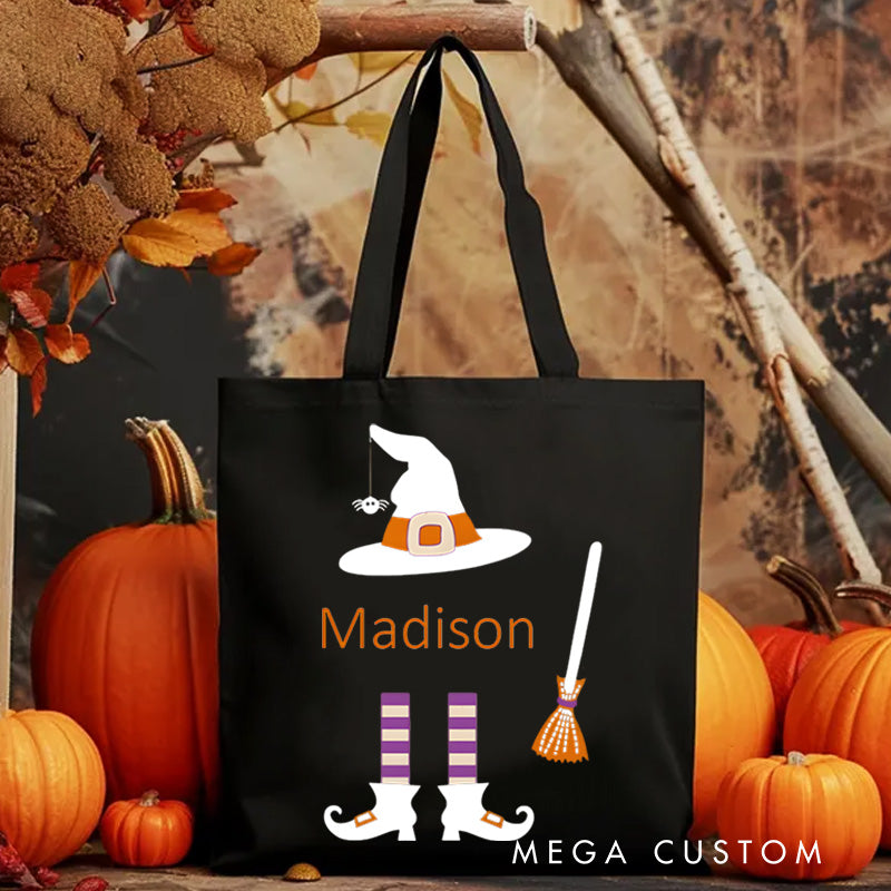 【🔥Big Sale🔥】Personalized Witch Hat and Broom Featuring Name for a Fun Halloween Celebration Tote Bag