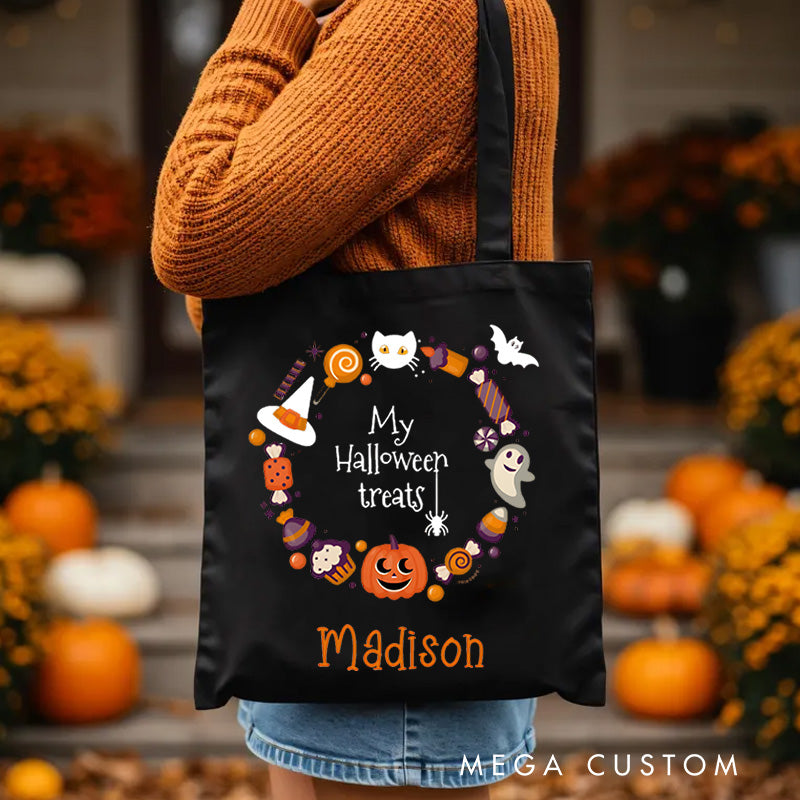 【🔥Big Sale🔥】Personalized Halloween Treat Wreath Featuring Pumpkins Ghosts and Cats for a Festive Celebration Tote Bag