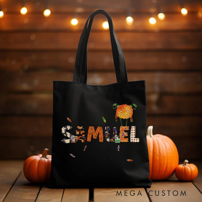 【🔥Big Sale🔥】Personalized Kids Halloween Tote with Name Girl Boy Goodie Trick or Treat Tote Bag for Kids Gift for Halloween