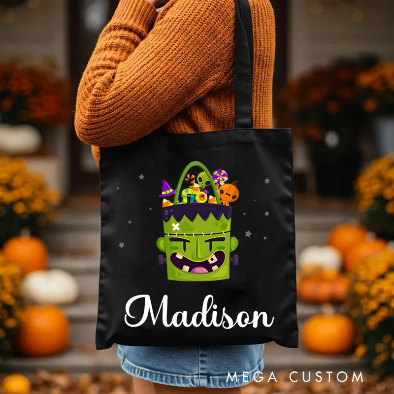 【🔥Big Sale🔥】Personalized Frankenstein Illustration Featuring Name for a Fun and Spooky Halloween Celebration Tote Bag