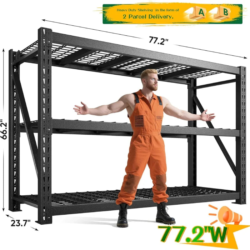77" W x 66"H Ultra Wide Garage Shelving 6600LBS Heavy Duty Storage Shelves 3 Tier Metal Shelving Unit Adjustable Utility Shelves for Basement, Garage, Warehouse