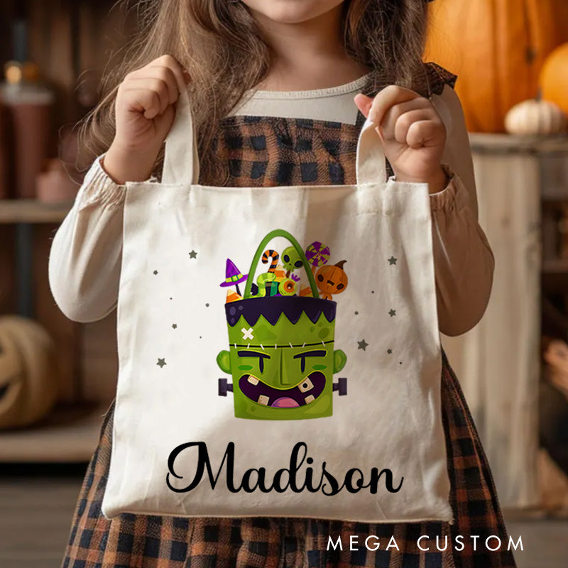 【🔥Big Sale🔥】Personalized Frankenstein Illustration Featuring Name for a Fun and Spooky Halloween Celebration Tote Bag