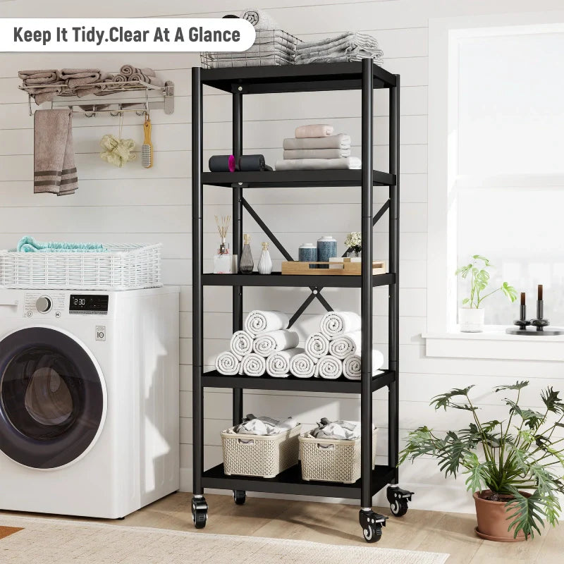 5-Tier BookShelf Steel Wire Shelving with Wheels 31.5"W Living Room Rack WaterProof Bathroom Storage Shelf