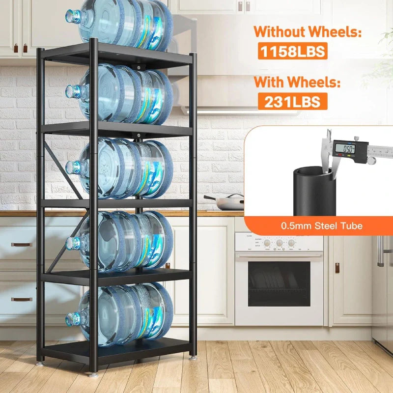5-Tier BookShelf Steel Wire Shelving with Wheels 31.5"W Living Room Rack WaterProof Bathroom Storage Shelf