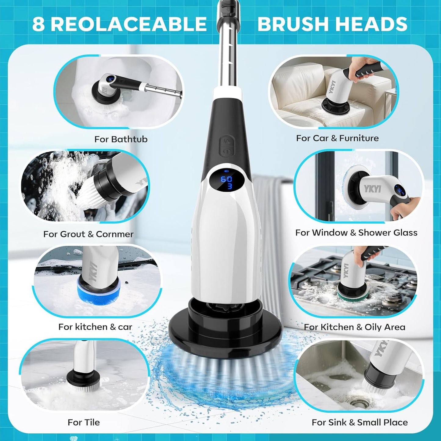 Cordless Electric Spin Scrubber with 8 Replaceable Heads & Adjustable Handle