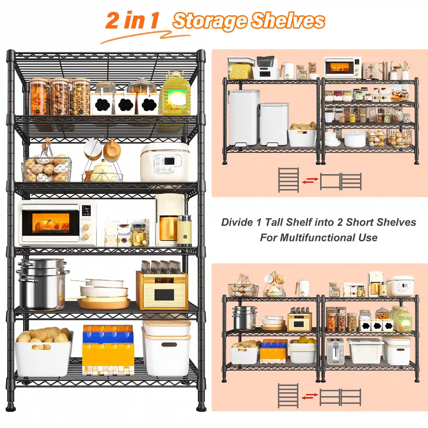 71"H Wire Shelving Units,6 Tier Storage Shelves,Adjustable Detachable Storage Shelving Unit for Kitchen Laundry Pantry Garage Commercial