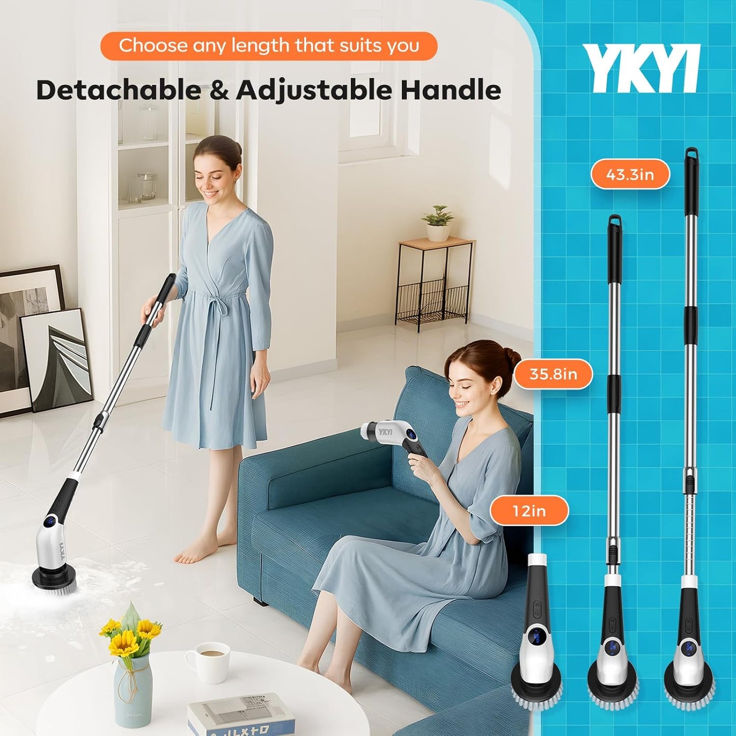 Cordless Electric Spin Scrubber with 8 Replaceable Heads & Adjustable Handle