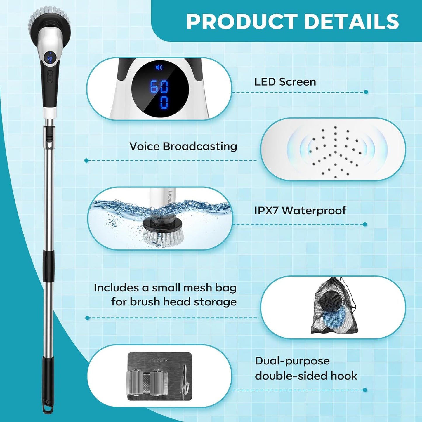 Cordless Electric Spin Scrubber with 8 Replaceable Heads & Adjustable Handle