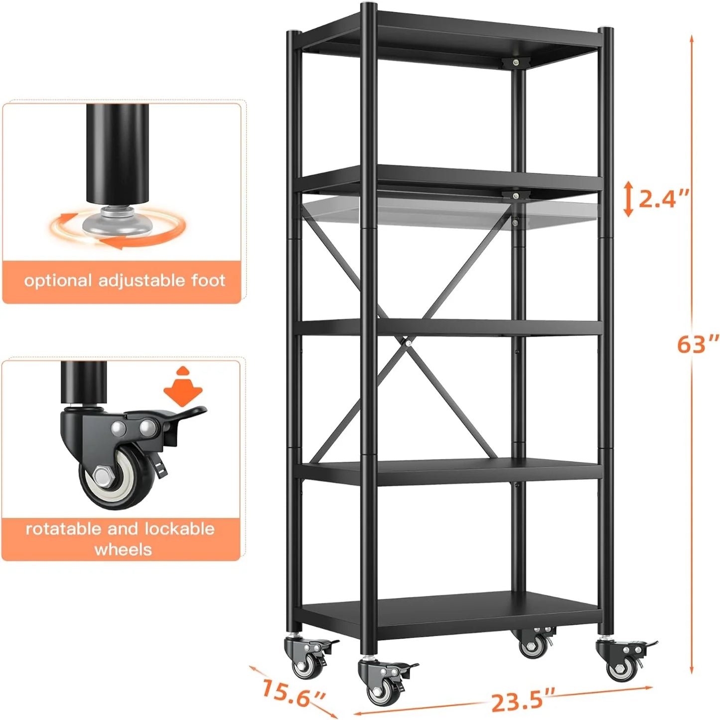 5-Tier BookShelf Steel Wire Shelving with Wheels 31.5"W Living Room Rack WaterProof Bathroom Storage Shelf