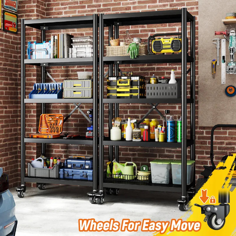 5-Tier BookShelf Steel Wire Shelving with Wheels 31.5"W Living Room Rack WaterProof Bathroom Storage Shelf