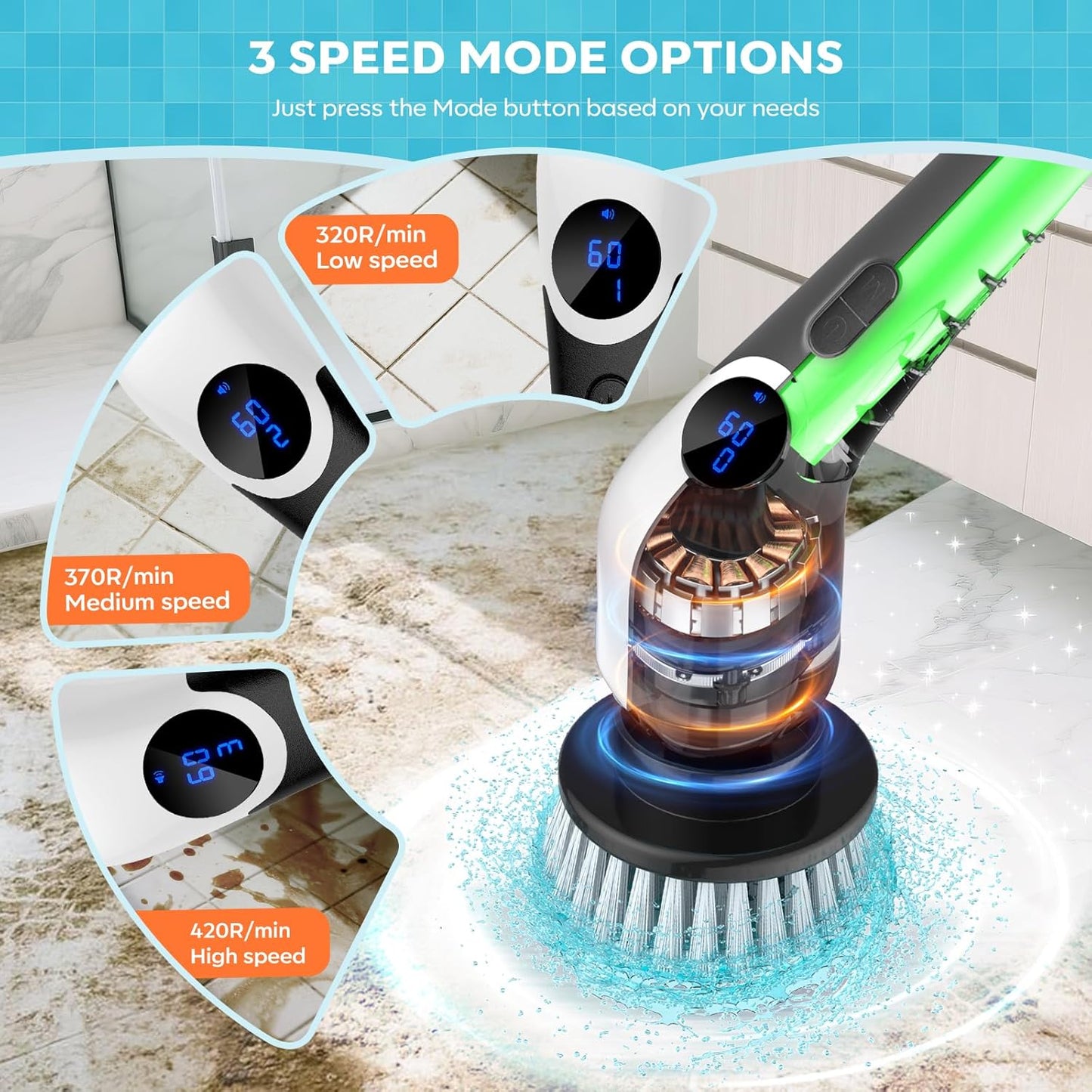 Cordless Electric Spin Scrubber with 8 Replaceable Heads & Adjustable Handle