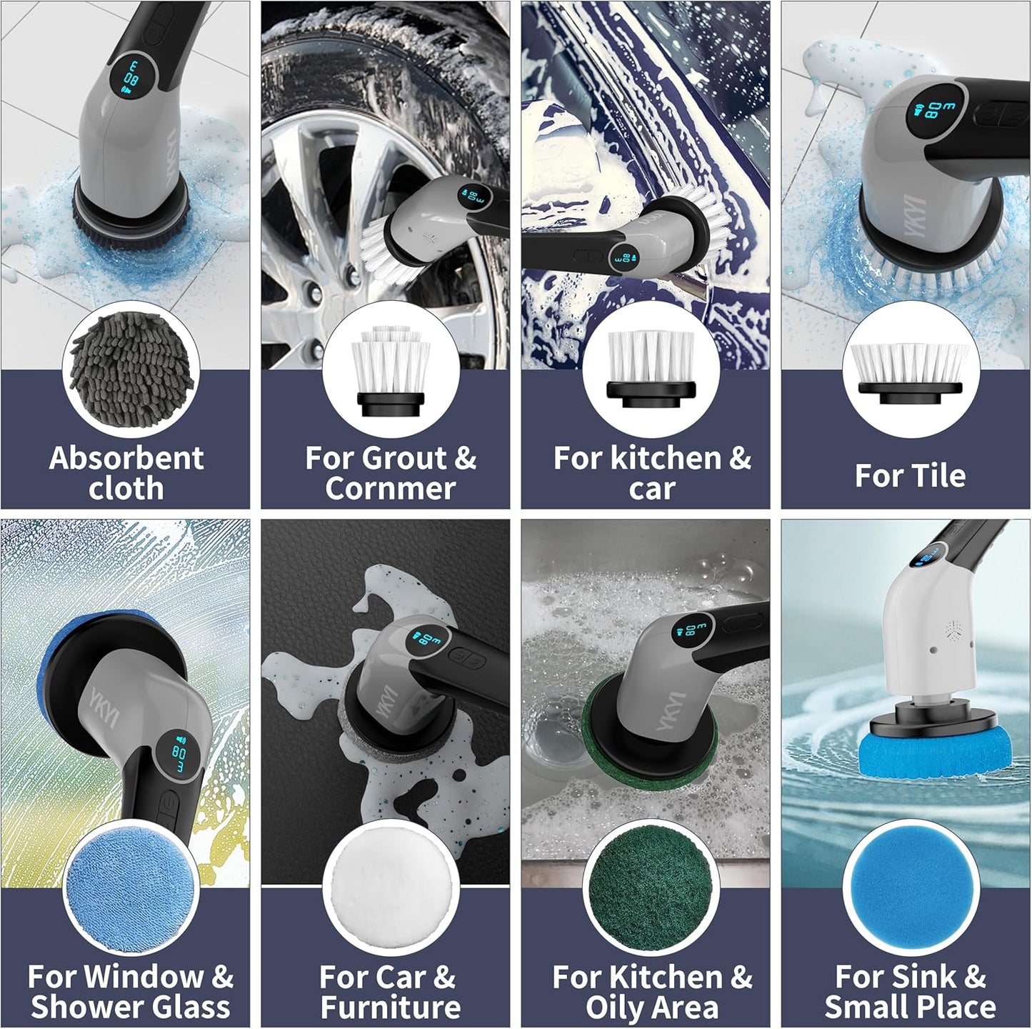 Cordless Electric Spin Scrubber with 8 Replaceable Heads & Adjustable Handle