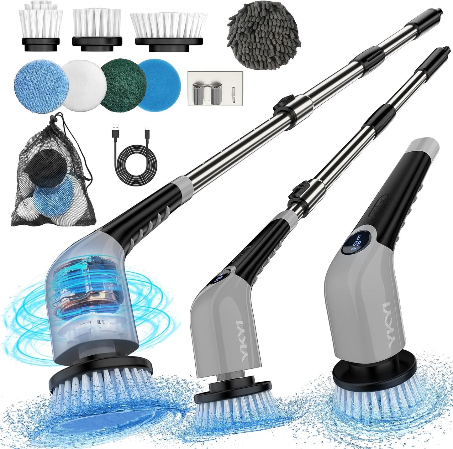 Cordless Electric Spin Scrubber with 8 Replaceable Heads & Adjustable Handle