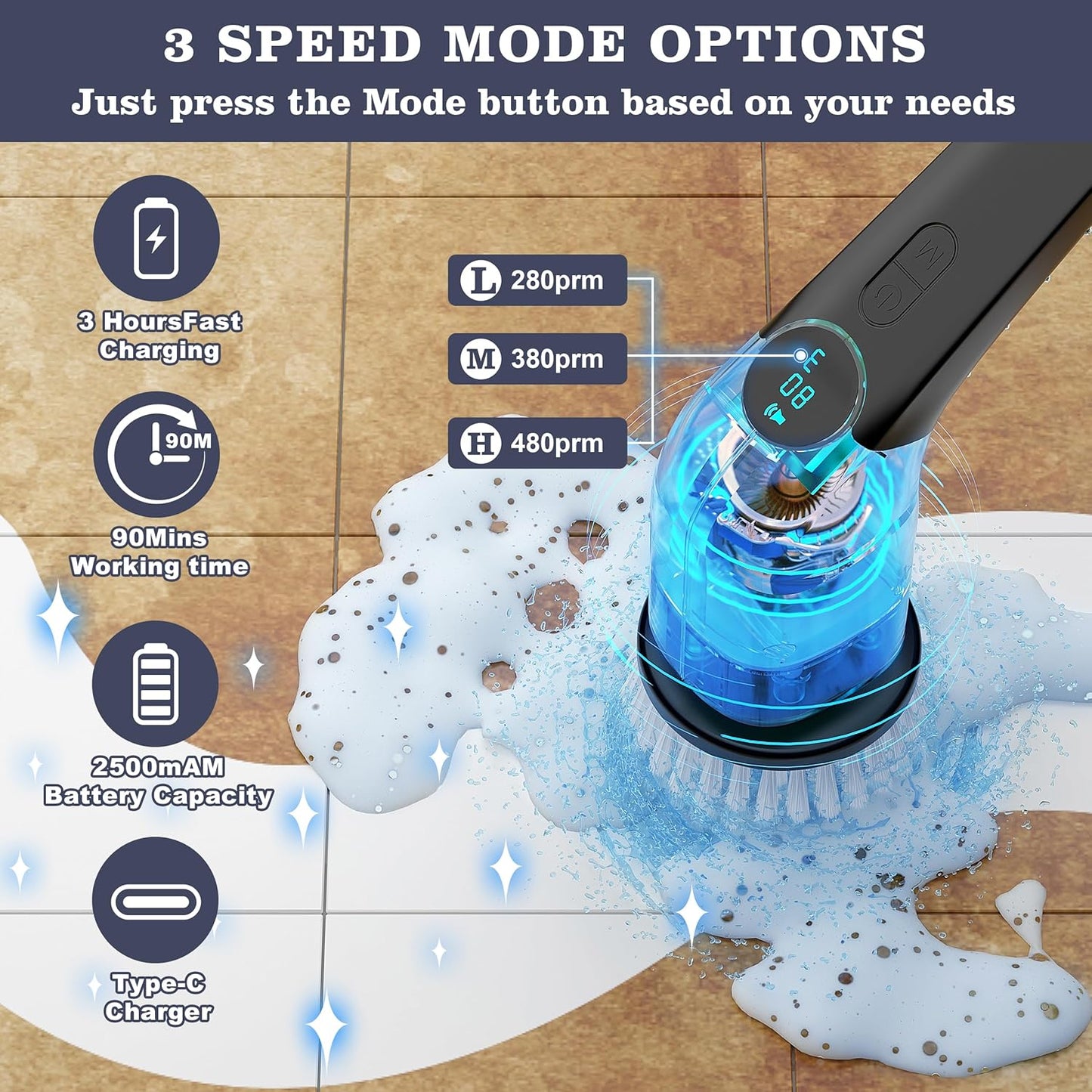 Cordless Electric Spin Scrubber with 8 Replaceable Heads & Adjustable Handle