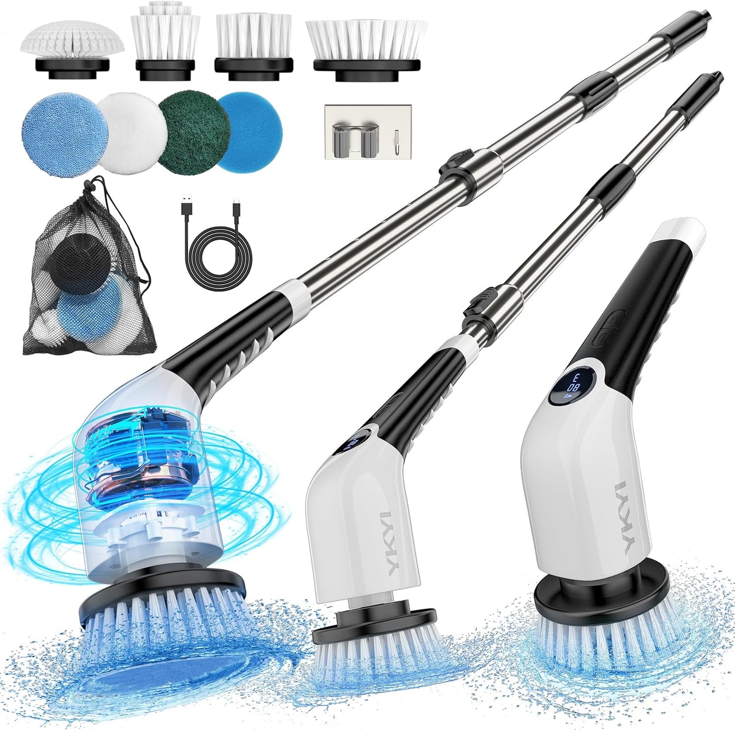 Cordless Electric Spin Scrubber with 8 Replaceable Heads & Adjustable Handle