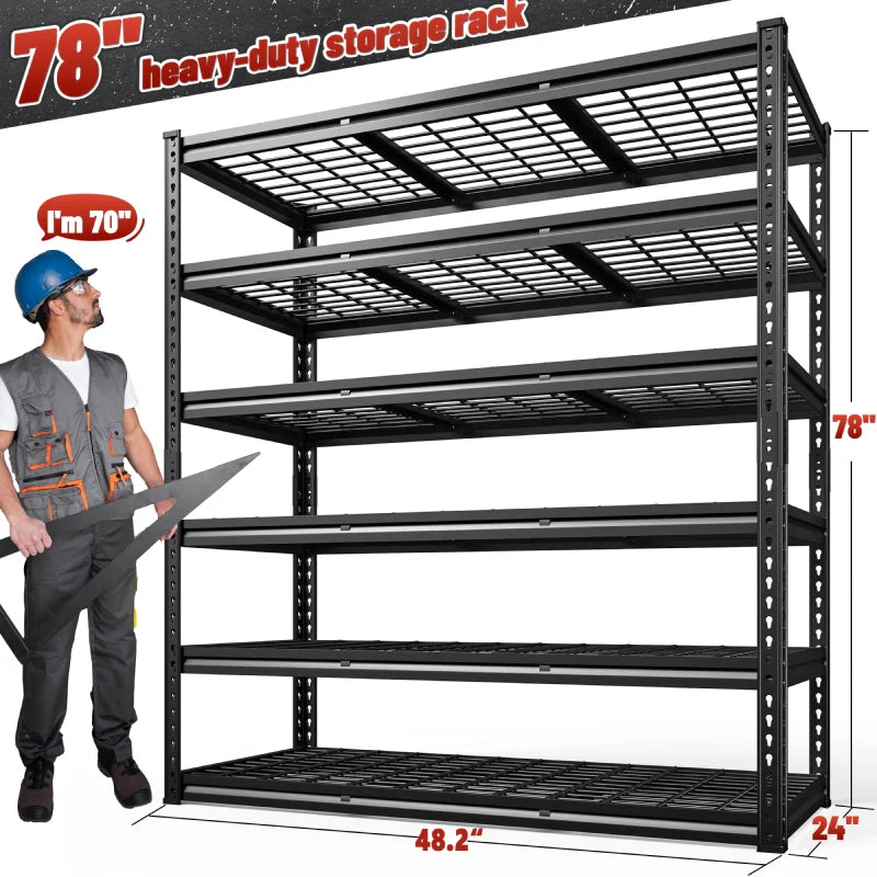 24"in X 78"in Bin Shelves 3600LBS Industrial Shelving Units 6 Tiers Black Shelf Shelves For Garage, Warehouse, Pantry Organization