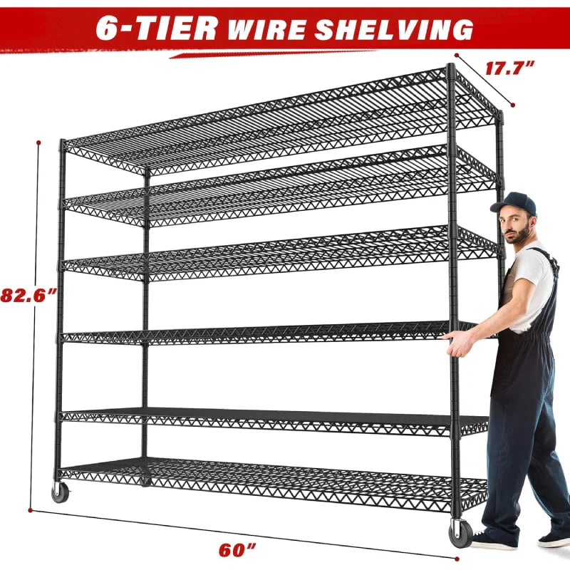60''W X 82.6" H Wire Shelves on Wheels, 3598 lbs Heavy Duty Commercial Shelving Rack, Adjustable Steel Shelves for Kitchen Pantry
