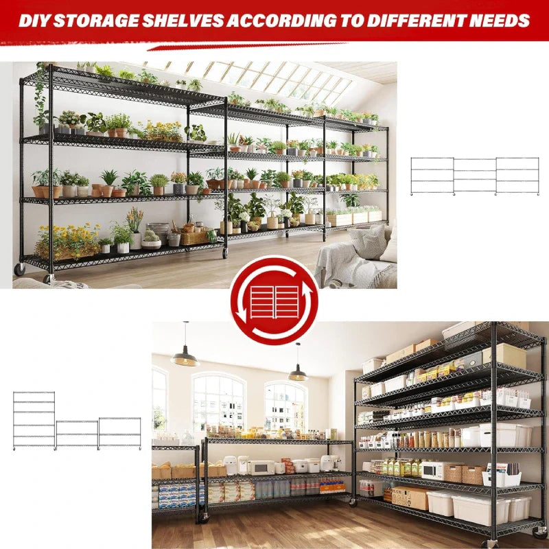 60''W X 82.6" H Wire Shelves on Wheels, 3598 lbs Heavy Duty Commercial Shelving Rack, Adjustable Steel Shelves for Kitchen Pantry