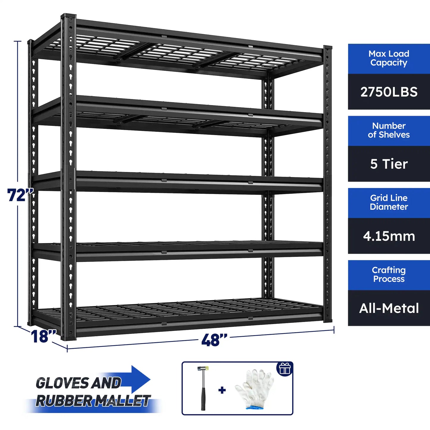Food Store Shelves 5-Tier Adjustable Shelving 48"W x 72"H 2750 LBS for kitchen, Warehouse, Basement, Workshop