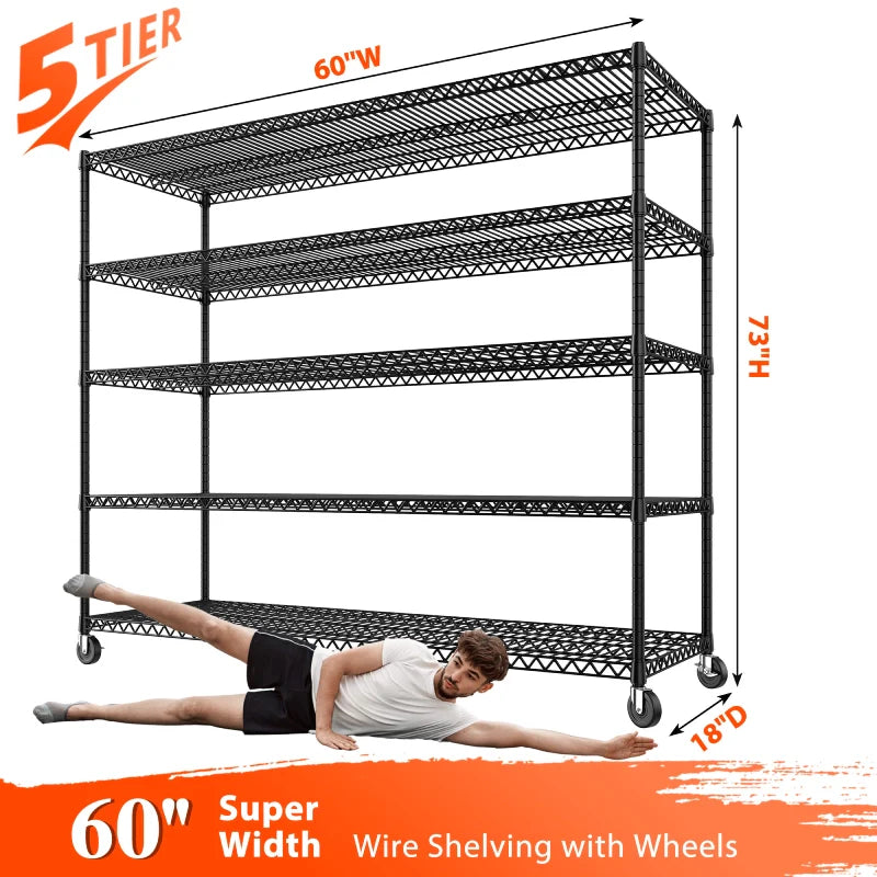 60" W Steel Wire Shelving Units on Wheels, 5-Tier Adjustable, 3200lbs Heavy Duty Storage Shelves for Garage Kitchen Pantry Commercial
