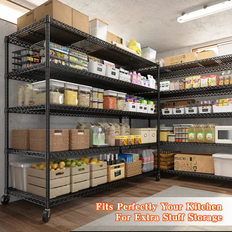 60" W Steel Wire Shelving Units on Wheels, 5-Tier Adjustable, 3200lbs Heavy Duty Storage Shelves for Garage Kitchen Pantry Commercial
