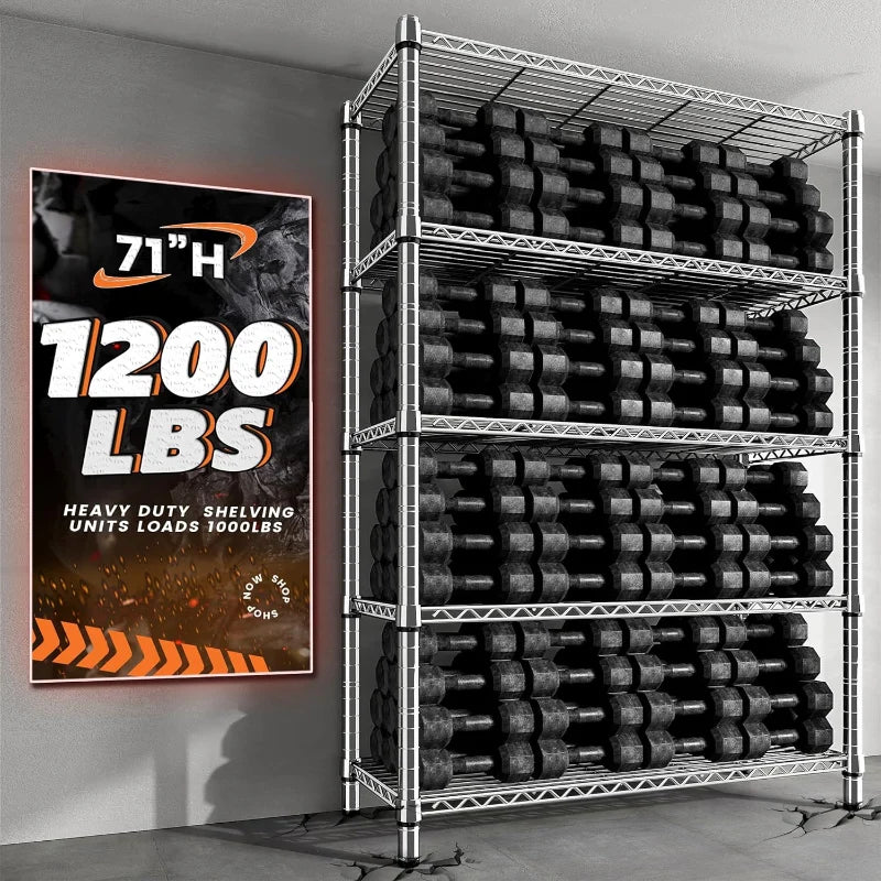 35.5"W Wire Shelving, 5-Tier Adjustable Metal Shelves for Kitchen Pantry Loads 1200LBS,Chrome