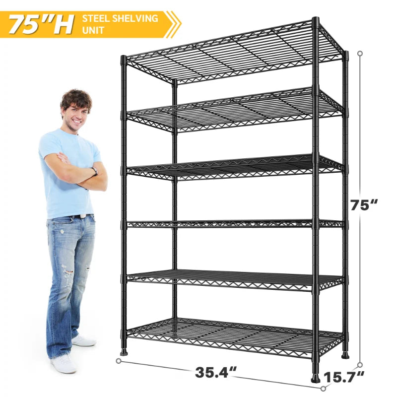 35.4"W Wire Shelving Units, 6-Tier Adjustable, Metal Wire Shelves for Pantry Kitchen Commercial 1200lbs Total Capacity