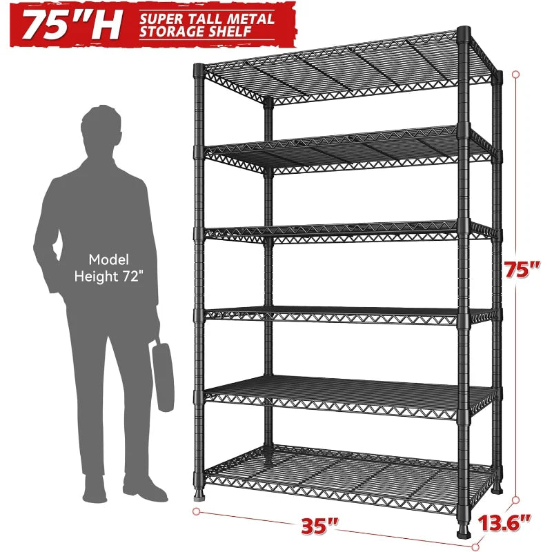 35"W Wire Storage Shelving Units, 6-Tier Adjustable, 1000lbs Metal Shelf for Kitchen Pantry Basement
