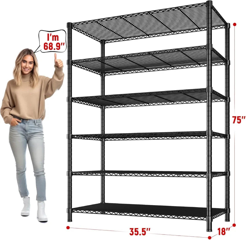 35.5"W Wire Storage Shelves, 6-Tier Adjustable Outdoor Metal Shelves for Kitchen Pantry Basement