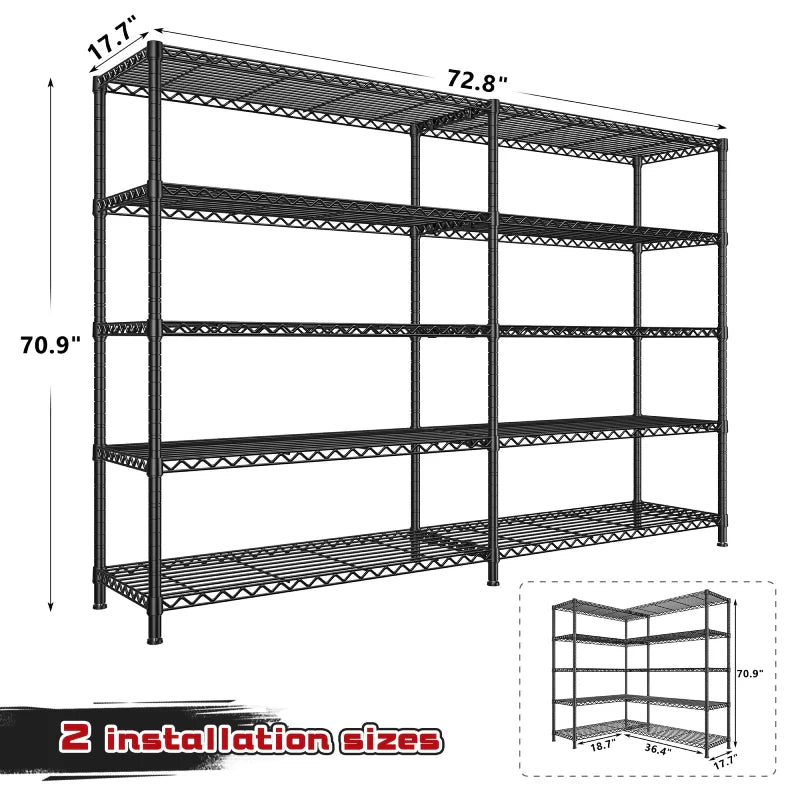 72.8” W Metal Shelving Units, Adjustable Wire Shelves for Storage, 5-Wire Shelving Rack for Pantry Kitchen Supermarket