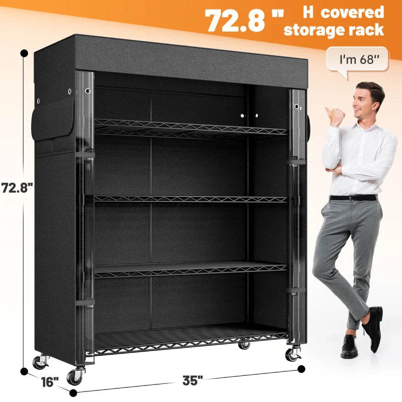 35"W Wire Shelving Units with Wheels, Metal Shelves with Cover, 5-Tier Adjustable Shelving Rack for Kitchen Pantry Basement