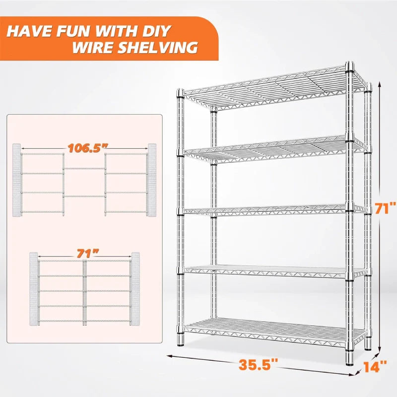 35.5"W Wire Shelving, 5-Tier Adjustable Metal Shelves for Kitchen Pantry Loads 1200LBS,Chrome