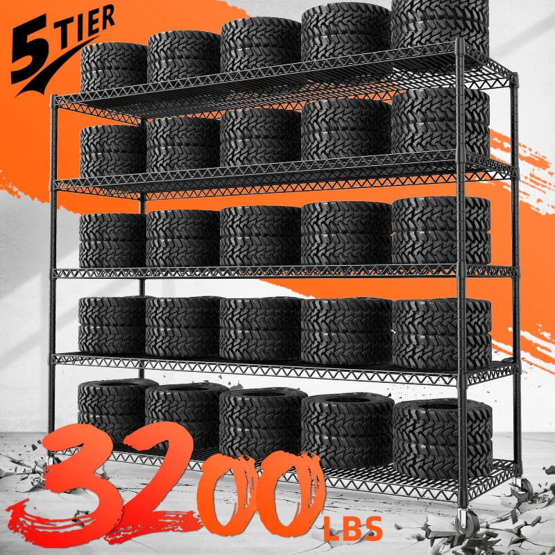 60" W Steel Wire Shelving Units on Wheels, 5-Tier Adjustable, 3200lbs Heavy Duty Storage Shelves for Garage Kitchen Pantry Commercial