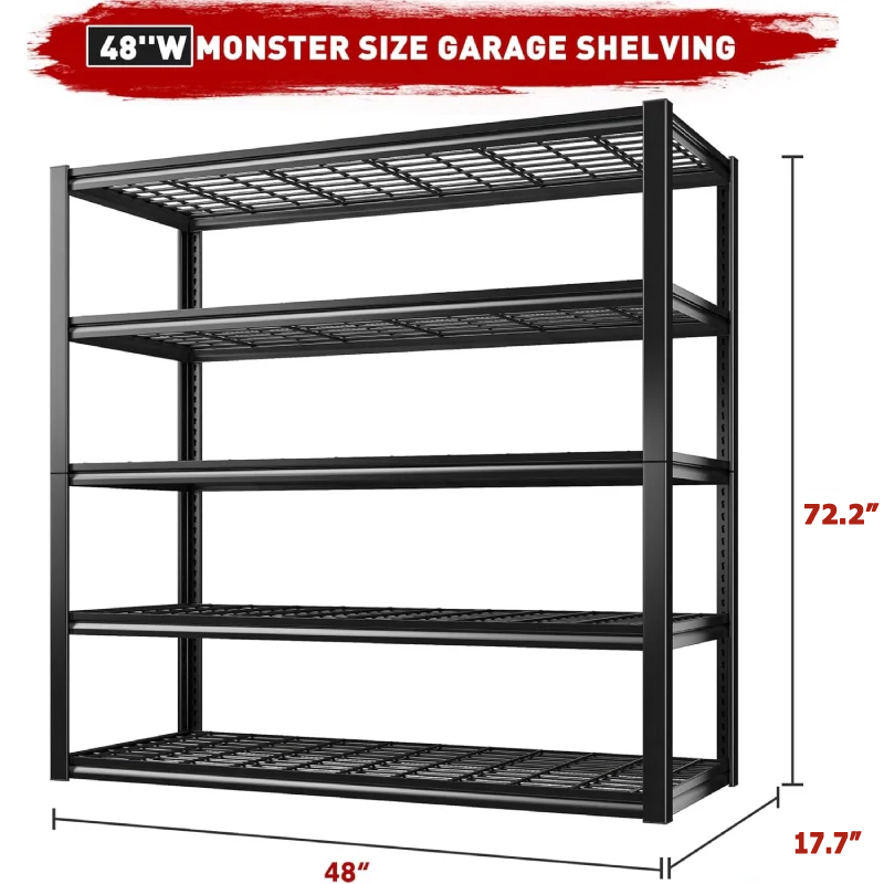 5 Tier 48"W x 72.2"H Storage Shelves for Basement 2500LBS Metal Shelving Unit for Garage, Warehouse, Industrial, basement