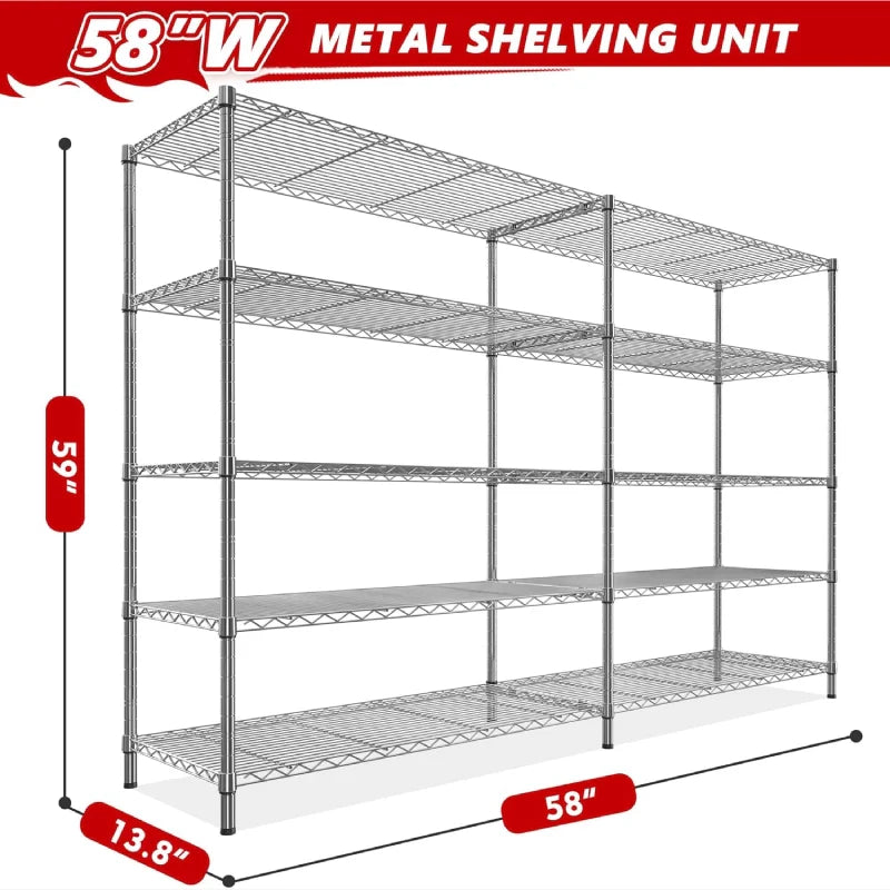 58" W Storage Shelves Wire Shelving Unit 1400LB Metal Shelves,Chrome