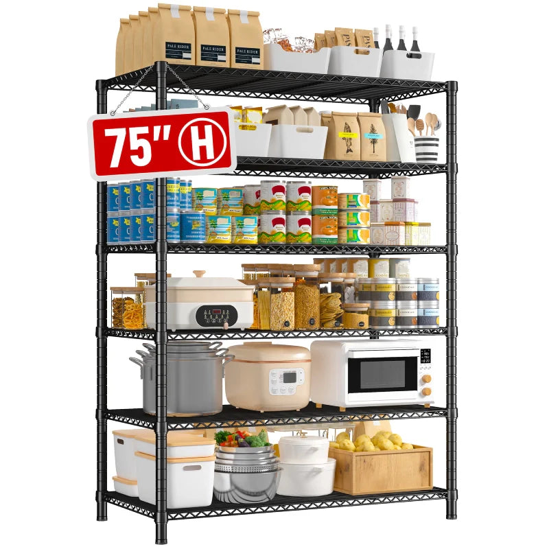 35.5"W Wire Storage Shelves, 6-Tier Adjustable Outdoor Metal Shelves for Kitchen Pantry Basement