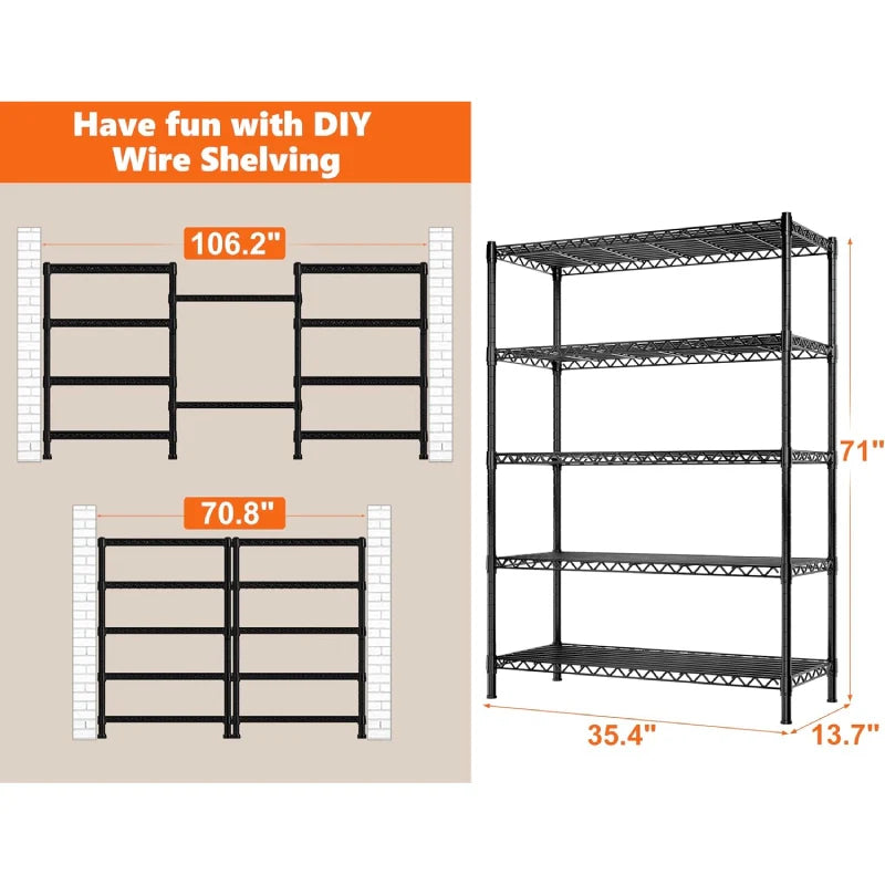 35.4"W Wire Shelving Units, 5 Tier Adjustable Storage Rack, Metal Commercial Shelves for Pantry Kitchen Dorm