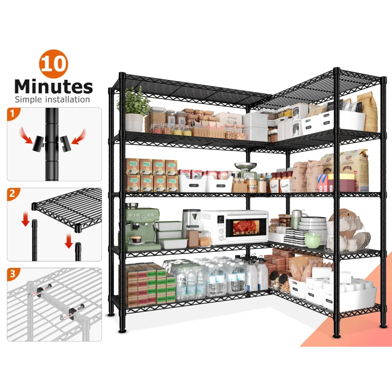 72"H Wire Shelving, 1600Lbs Metal L Shaped Shelves Adjustable, 70"W Storage Racks for Pantry Kitchen