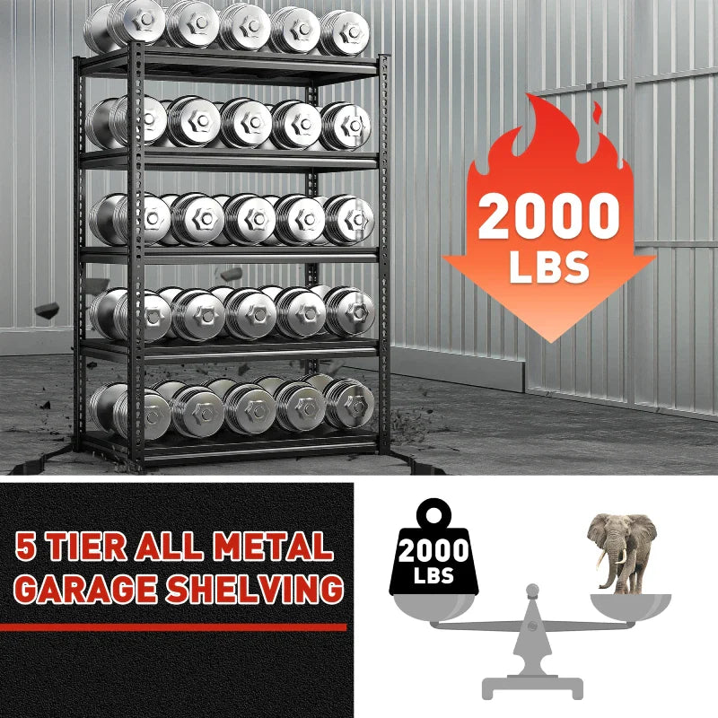 Shelves 2000 Lbs, Garage Shelving 5 Tier Adjustable Black Metal Shelf