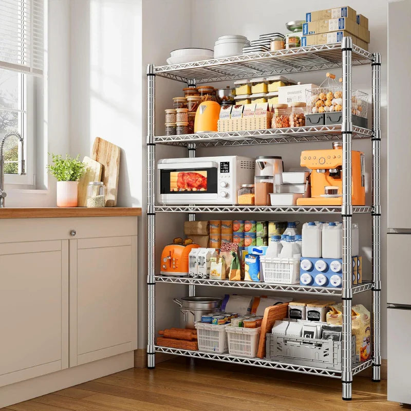 35.5"W Wire Shelving, 5-Tier Adjustable Metal Shelves for Kitchen Pantry Loads 1200LBS,Chrome