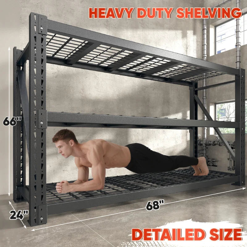 68"W Industrial Storage Shelving 7014LBS Garage Shelving with 2338LBS Per Shelf Gymnasium Storage Rack for Garage, Basement, Warehouse, Industrial