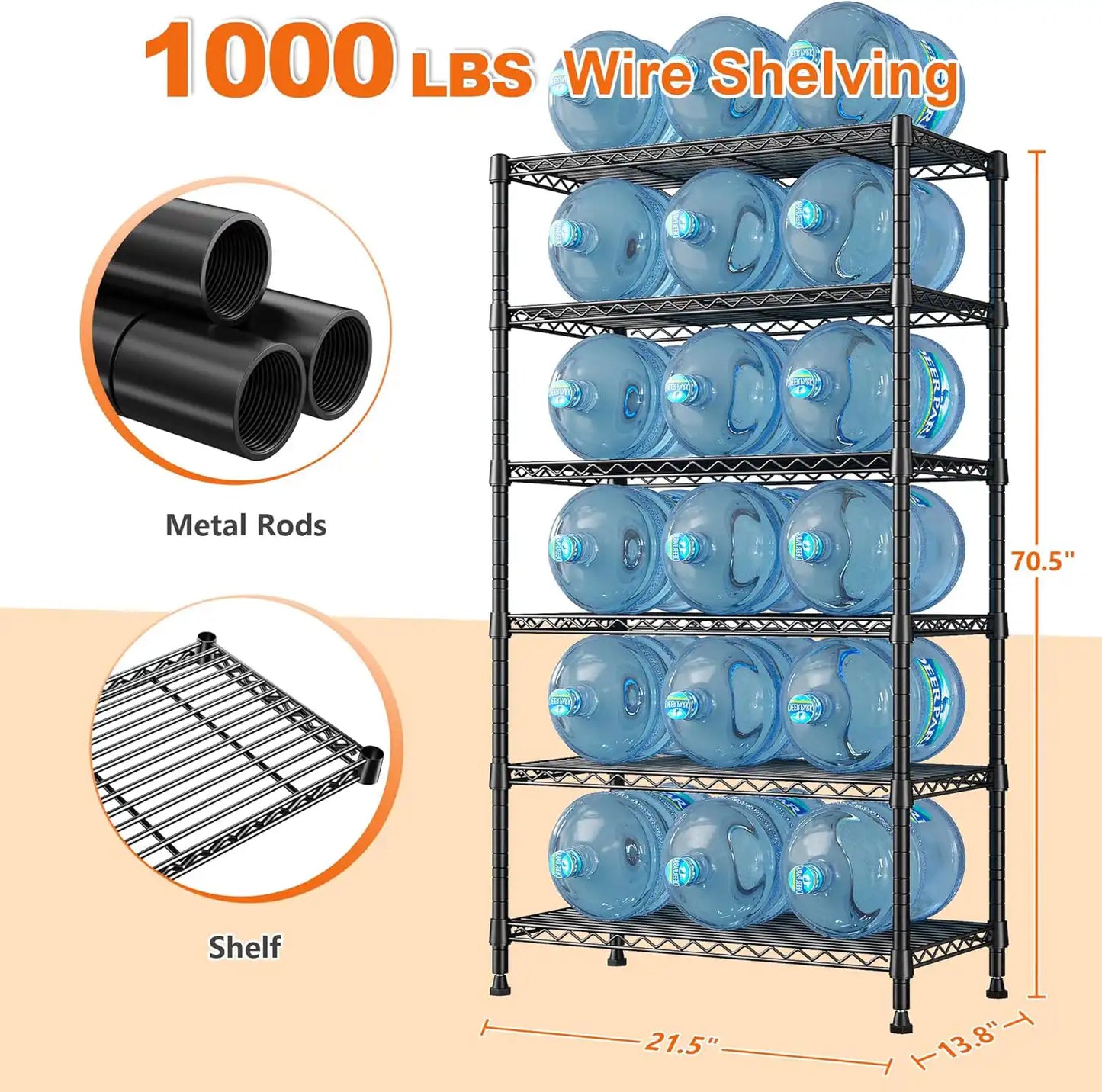 21.5"W Metal Wire Rack, 6-Tier Adjusatble, 1000lbs Wire Shelving Units for Kitchen Pantry Commercial