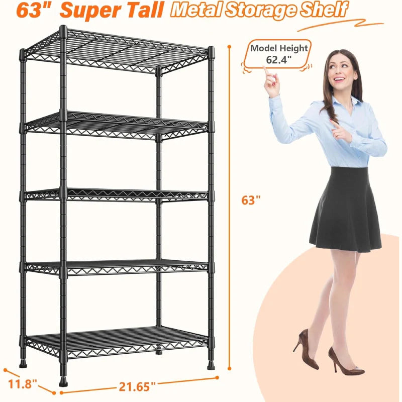 21.6"W Storage Shelves, 5-Tier Adjustable Wire Shelving, Metal Rack for Kitchen Pantry Storage