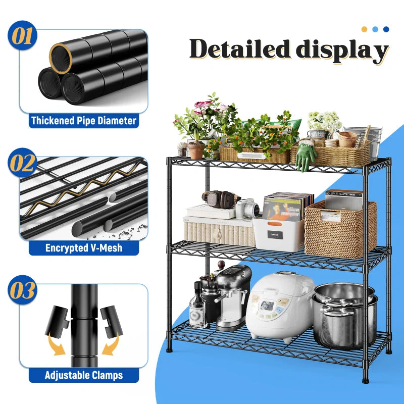 3-Shlef Metal Shelves, Adjustable Steel Wire Shelving Units, Storage Rack for Kitchen Pantry Closet Dorm