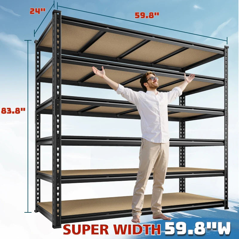 59.8”W Boltless Shelving Units, 6-Tier Heavy Duty Steel Garage Shelf Load 3000lbs, Commercial Shelving Rack for Pantry Kitchen Basement