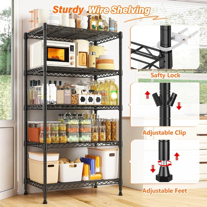 21.6"W Storage Shelves, 5-Tier Adjustable Wire Shelving, Metal Rack for Kitchen Pantry Storage