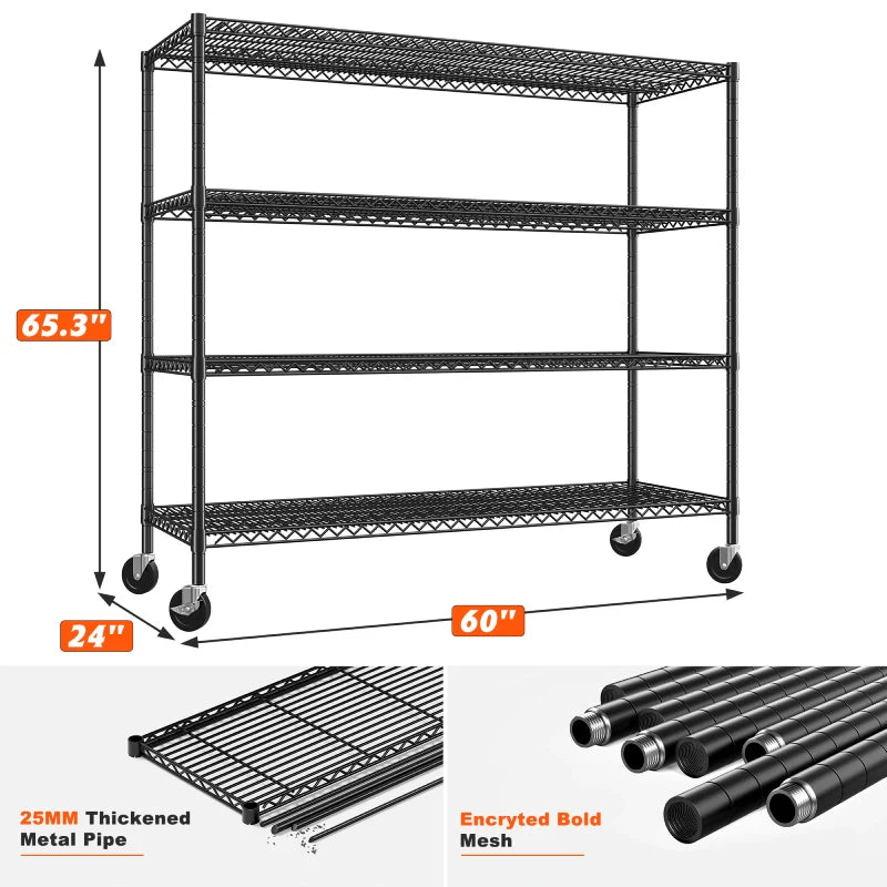 60" W Wire Rack Shelving on Wheels, 2878lbs Heavy Duty Metal Shelves Adjustable, Commercial Shelves for Garage Pantry Kitchen
