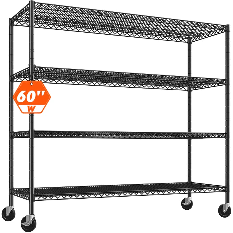 60" W Wire Rack Shelving on Wheels, 2878lbs Heavy Duty Metal Shelves Adjustable, Commercial Shelves for Garage Pantry Kitchen