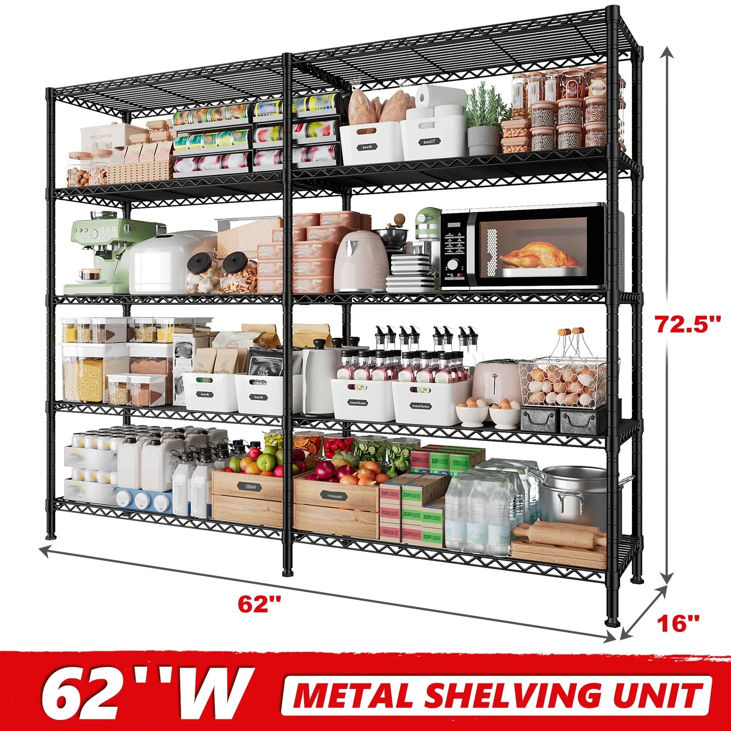 2 Pack Wire Shelving Units, 62"W Adjustable Storage Shleves Load 1550LBS, Metal Rack for Pantry Kichen Commercial